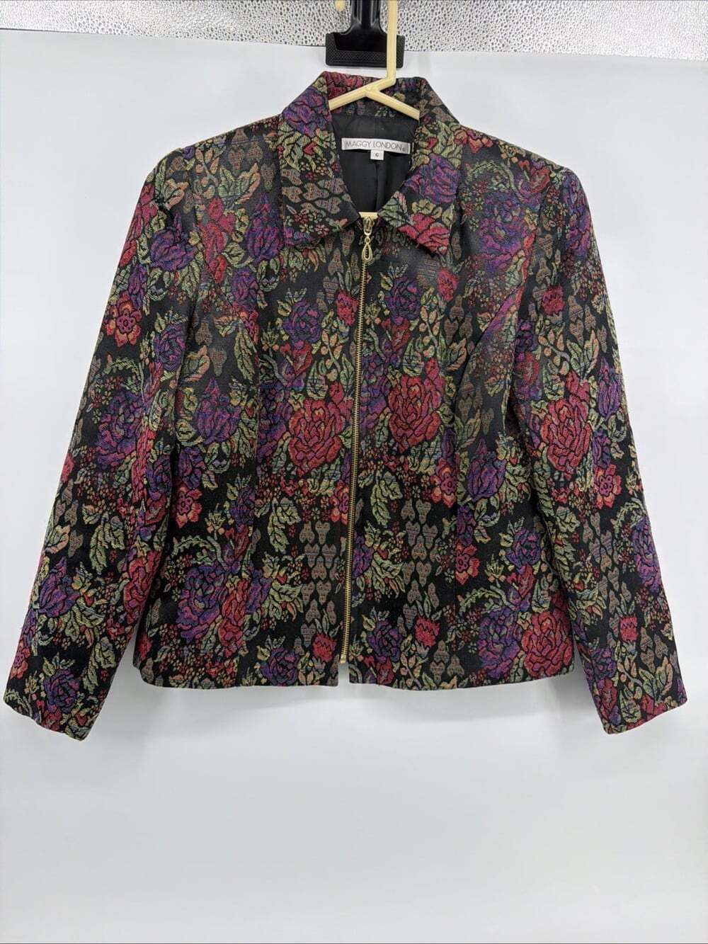 Maggy London Vintage Tapestry Floral Jacket Cotton Blend Zip Up Blazer Jacket 6